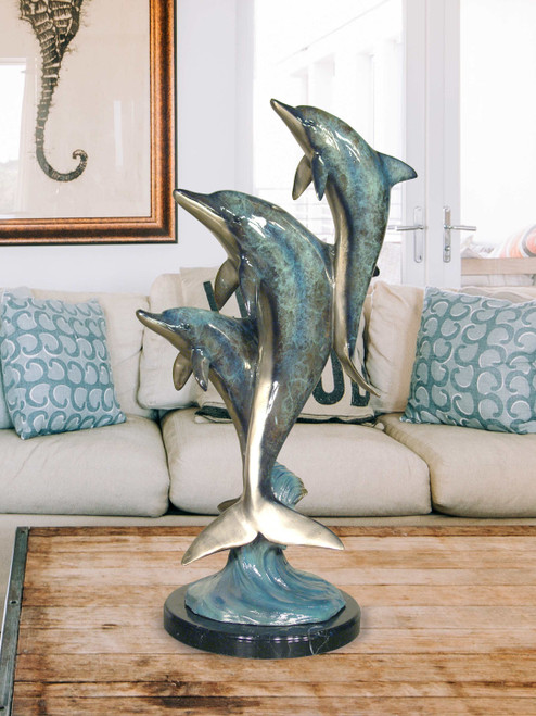 Family Three Dolphins on Marble Base in Special Patina 23 Inches Tall