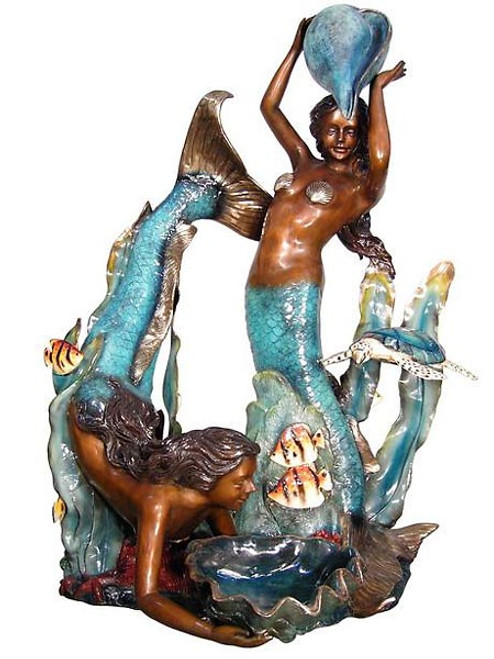 Two Mermaids Holding Shell in Polychrome Finish