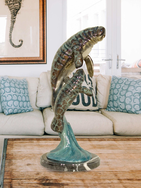 Manatee Mom and Baby on Marble Base in Special Patina 21 Inches Tall