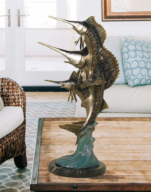 Three Sword Fish on Marble Base in Special Patina 21 Inches Tall