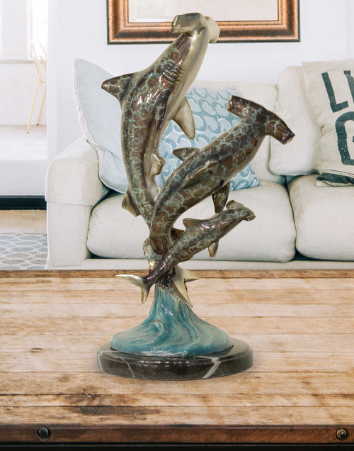 Three Hammerhead Sharks on Marble Base in Special Patina 21 Inches Tall