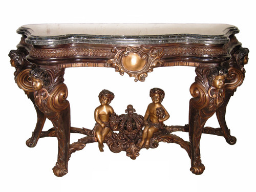Cupids N Crowns Bronze Console with Marble Top 57 Inch