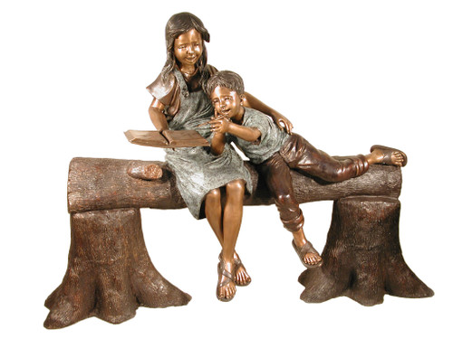 Sister and Brother Reading on Bench 61 Inches Long