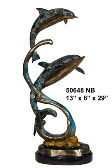 29"H Two Dolphins On Marble Base In Special Patina Bronze Statue Garden