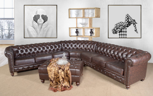 Classic Chesterfield Brown Sectional with Ottoman (KIT)