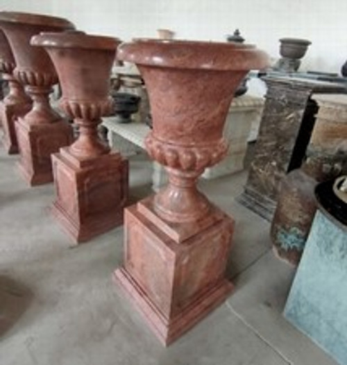 Marble Large Light Red Vase on Base Set of 2
