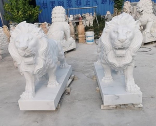 Pair White Marble Lions 12025598
