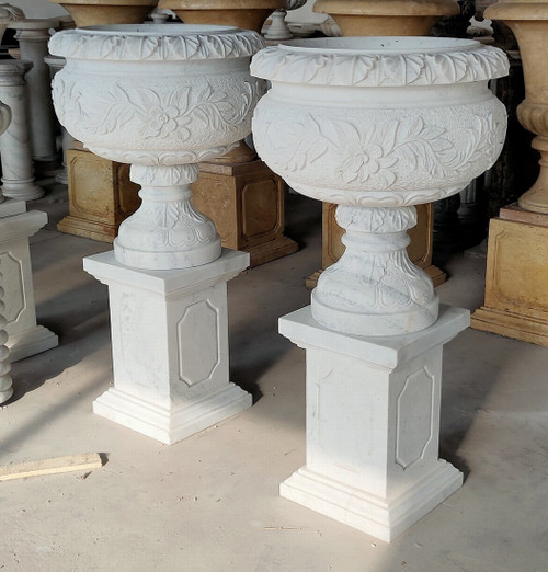 Pair White Marble Urns on Base