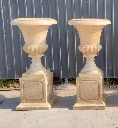 Pair of Marble Urns on Base