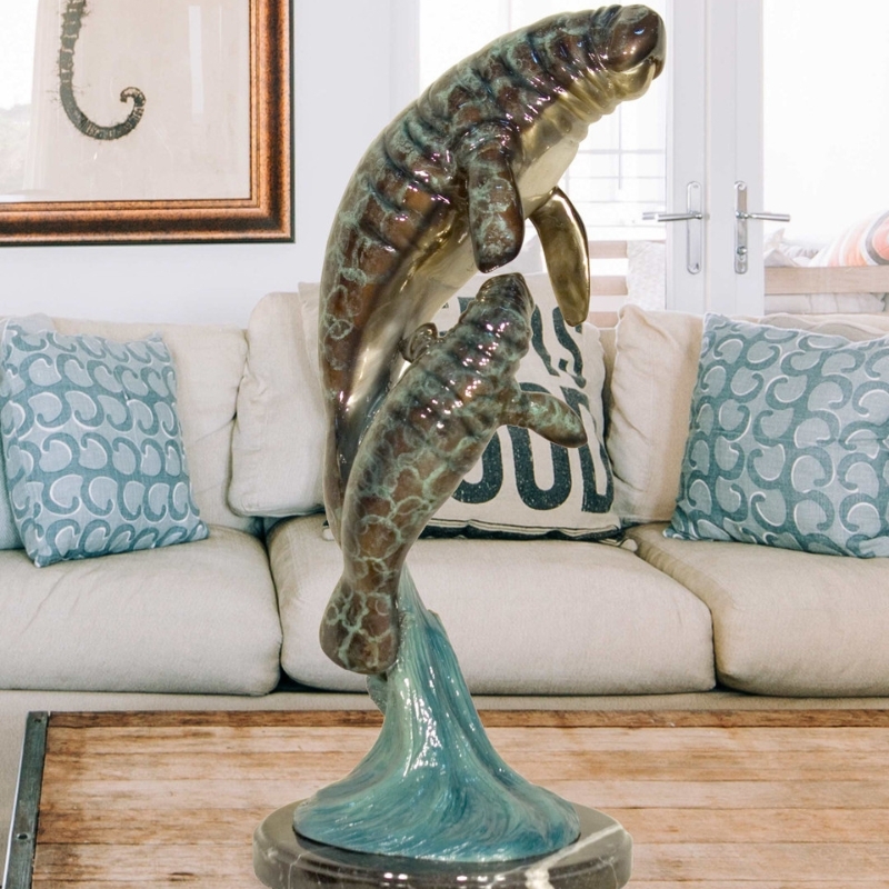 Manatee Mom and Baby on Marble Base in Special Patina 21 Inches Tall